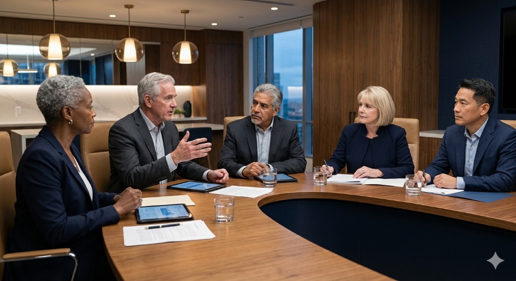 Diverse board members in discussion around a conference table with documents and tablets in a modern boardroom.