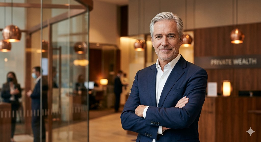 Chief executive in professional attire in a modern financial office setting.