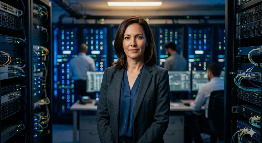 Technology leader in a server room with racks and colleagues, representing IT and security oversight.