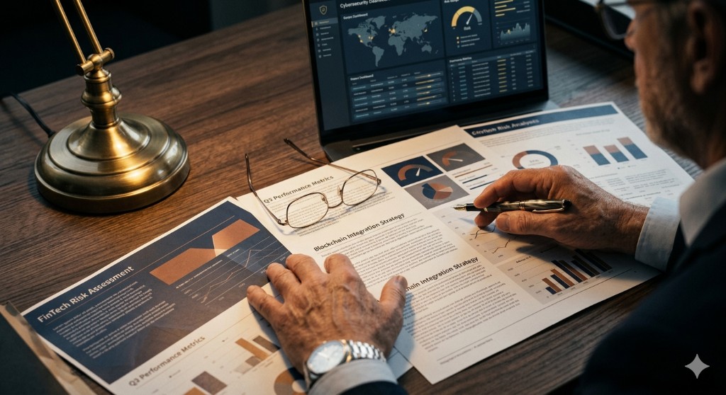 Executive reviewing FinTech risk assessment documents and performance metrics at a desk with a cybersecurity dashboard on a laptop.