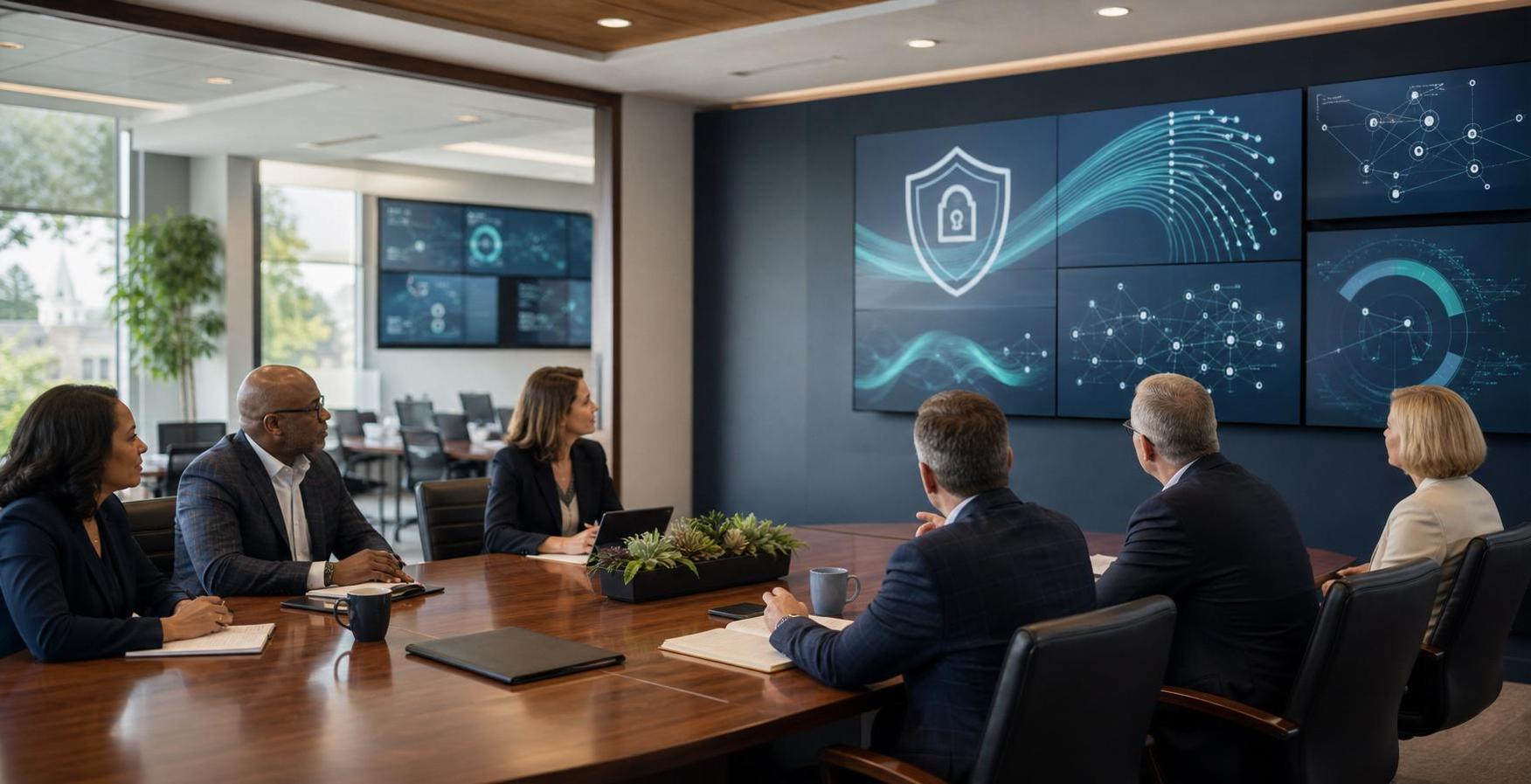 Community financial institution board reviewing secure AI, cyber resilience, and data governance concepts