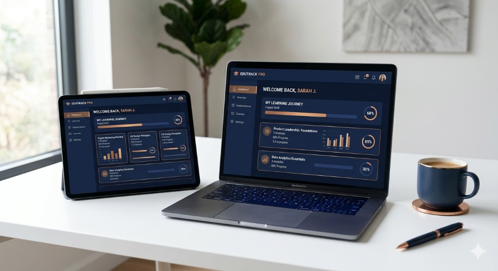 Laptop and tablet on a desk showing a continuous learning dashboard with course progress, modules, and navigation across screen sizes.
